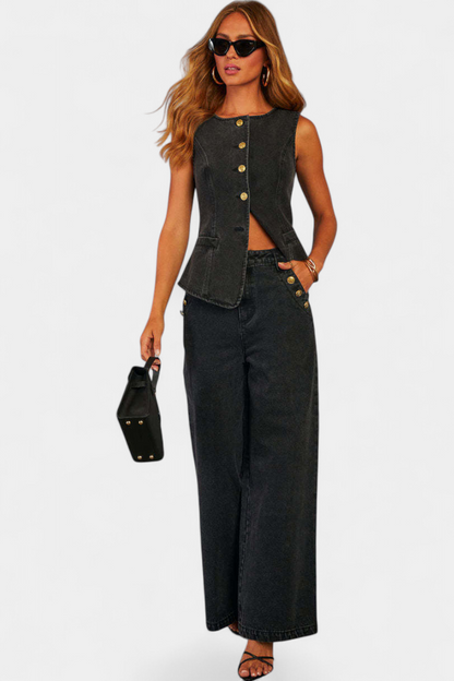 Ludovica | Conjunto de Denim con Chaleco Ajustado y Jeans de Pierna Ancha
