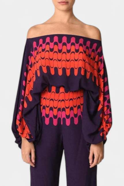 Andreia-Eduarda | Conjunto de Dos Piezas con Hombros Descubiertos y Pantalones Amplios Estampados