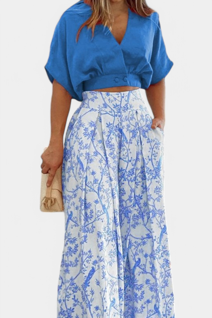 Olivia | Conjunto Boho de Cuello en V y Pierna Ancha