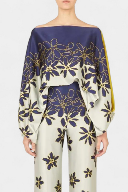 Joana-Maria | Conjunto de Dos Piezas con Hombros Descubiertos y Pantalones Amplios Estampados