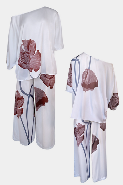 Rita-Bruna | Conjunto Floral de Dos Piezas con Hombro Descubierto y Pantalón Recto
