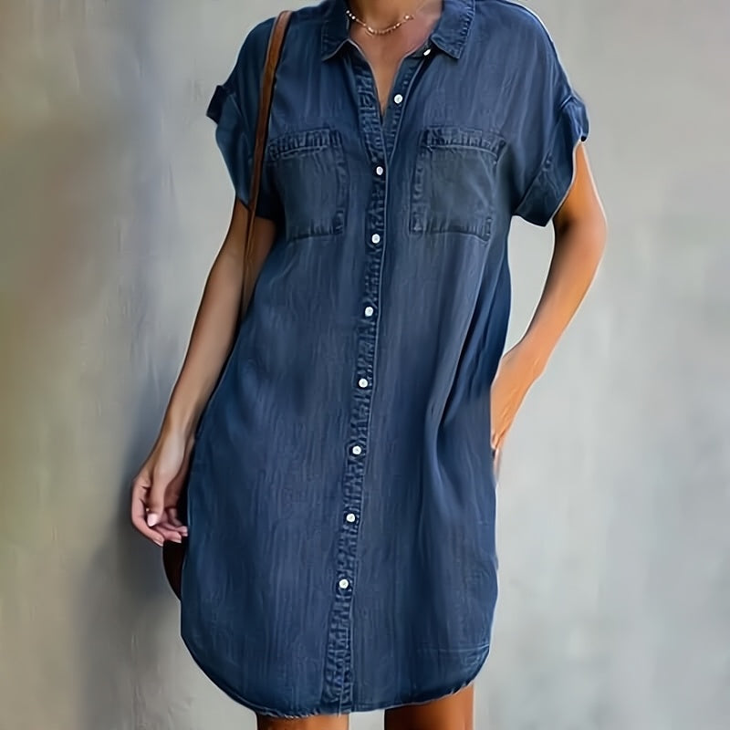 Ângela-Iara | Vestido chemise corto de manga corta con botonadura