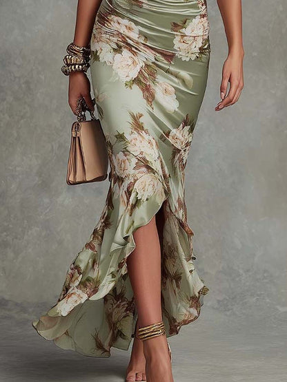 Isabela | Vestido Largo Floral en Satén con Escote en V y Manga Volante