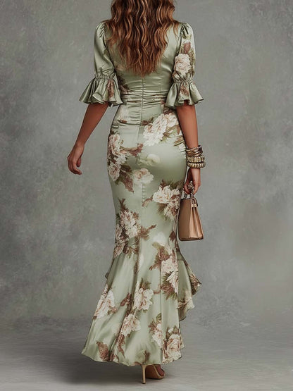 Isabela | Vestido Largo Floral en Satén con Escote en V y Manga Volante