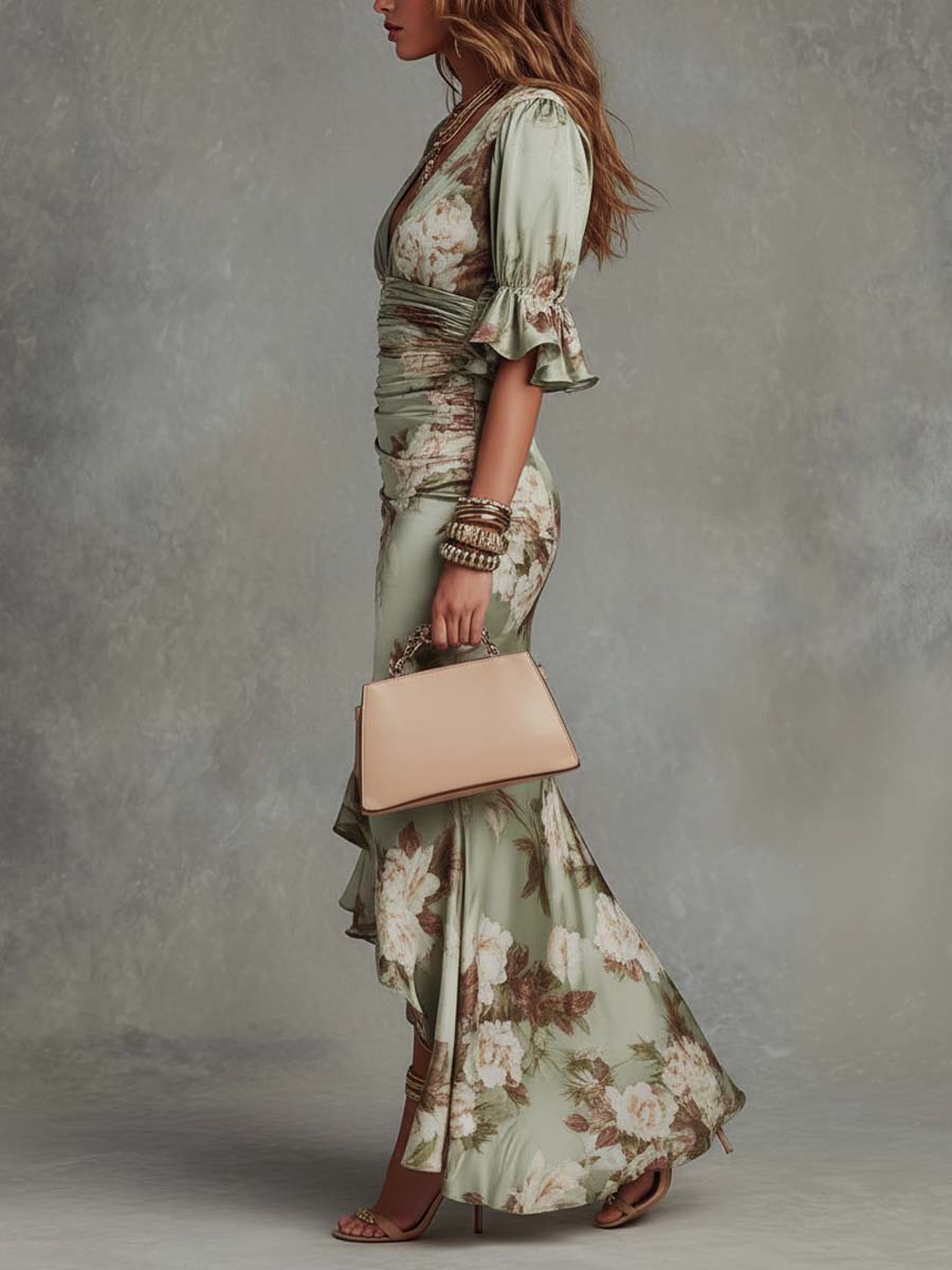 Isabela | Vestido Largo Floral en Satén con Escote en V y Manga Volante