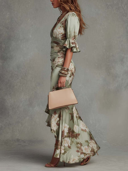 Isabela | Vestido Largo Floral en Satén con Escote en V y Manga Volante