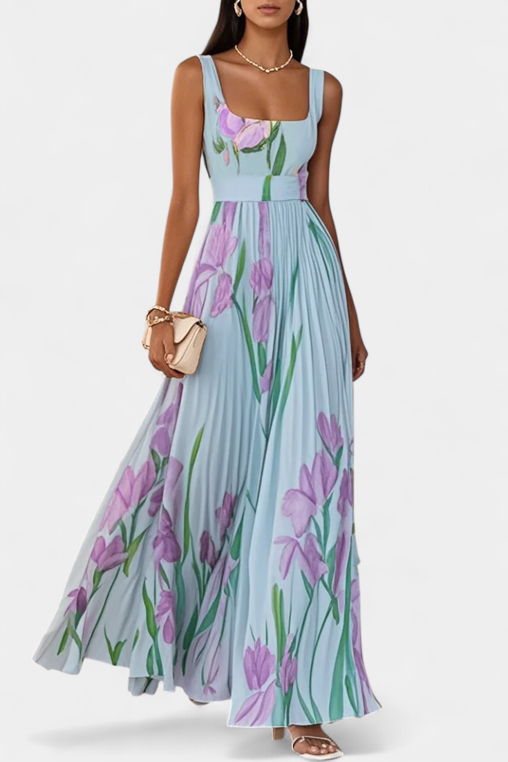 Calanthe | Vestido Largo Plisado con Estampado Floral y Escote Cuadrado
