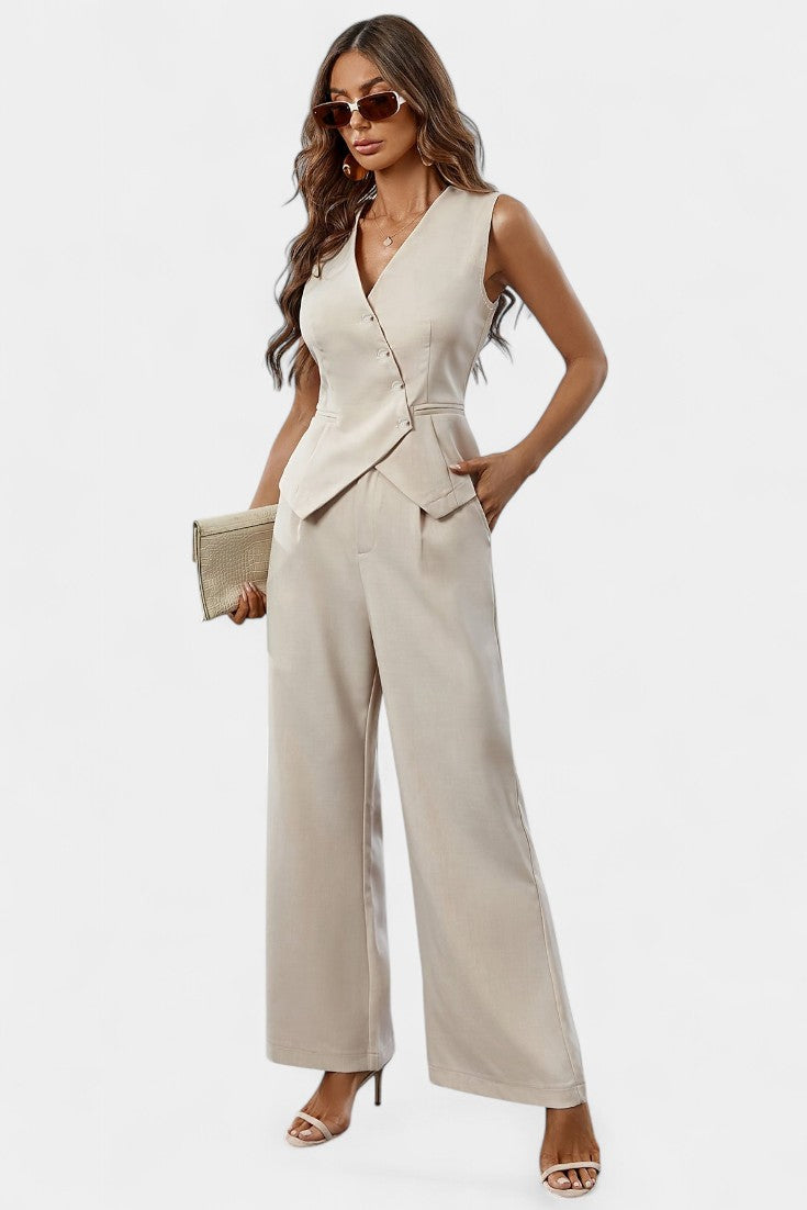 Heskia | Conjunto de Chaleco Sin Mangas y Pantalones de Pierna Ancha