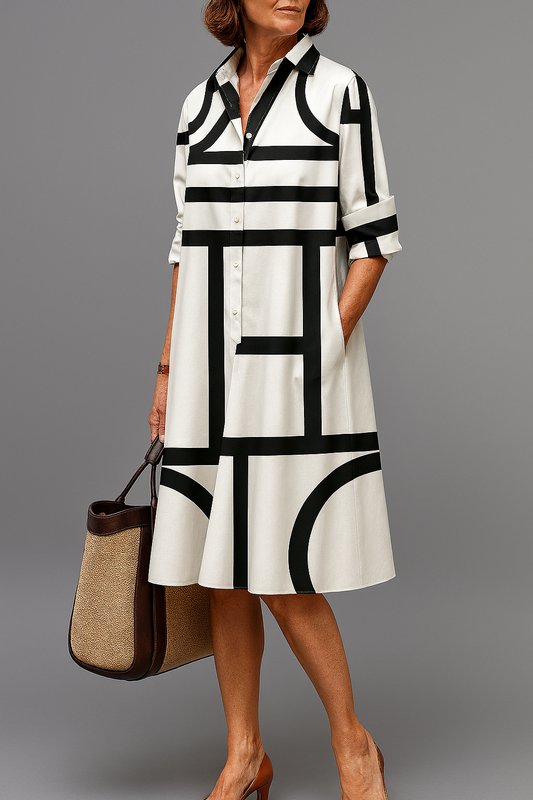Mayte | Vestido Midi Geométrico Blanco y Negro