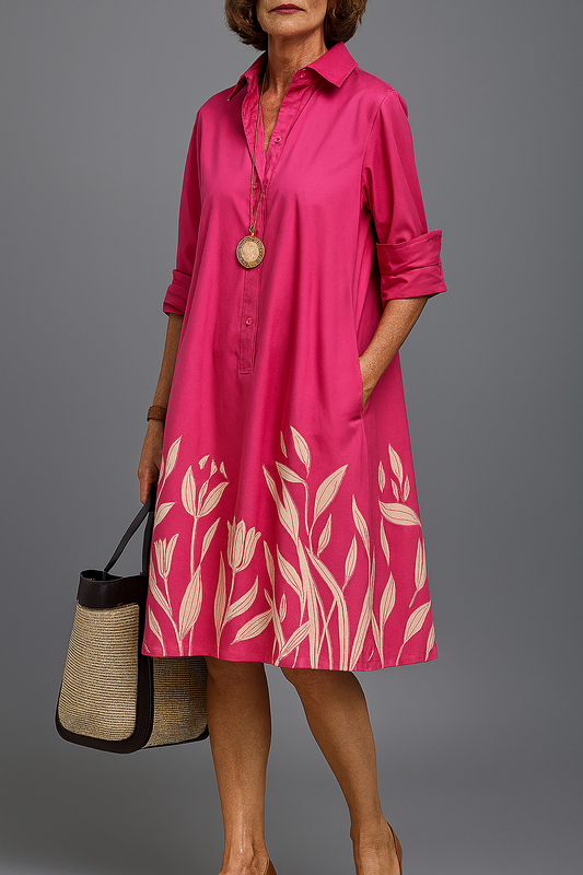 Nair-Victória | Vestido Midi Rosa con Flores Doradas