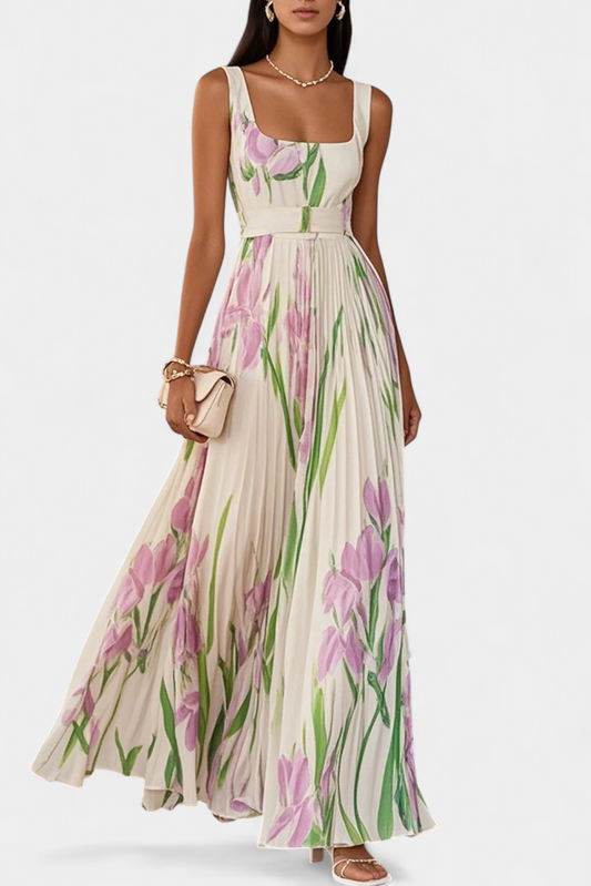 Calanthe | Vestido Largo Plisado con Estampado Floral y Escote Cuadrado