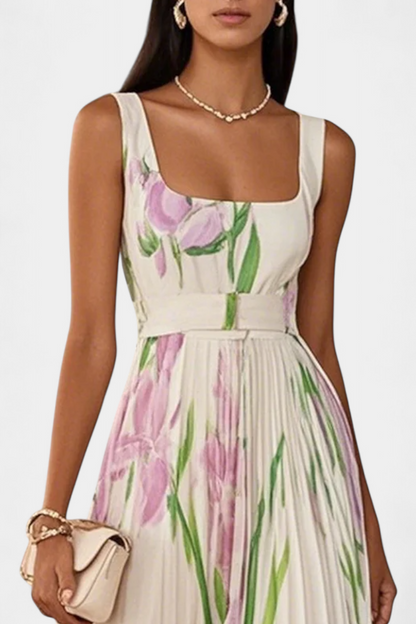 Calanthe | Vestido Largo Plisado con Estampado Floral y Escote Cuadrado
