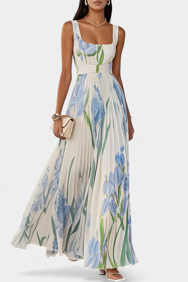Calanthe | Vestido Largo Plisado con Estampado Floral y Escote Cuadrado