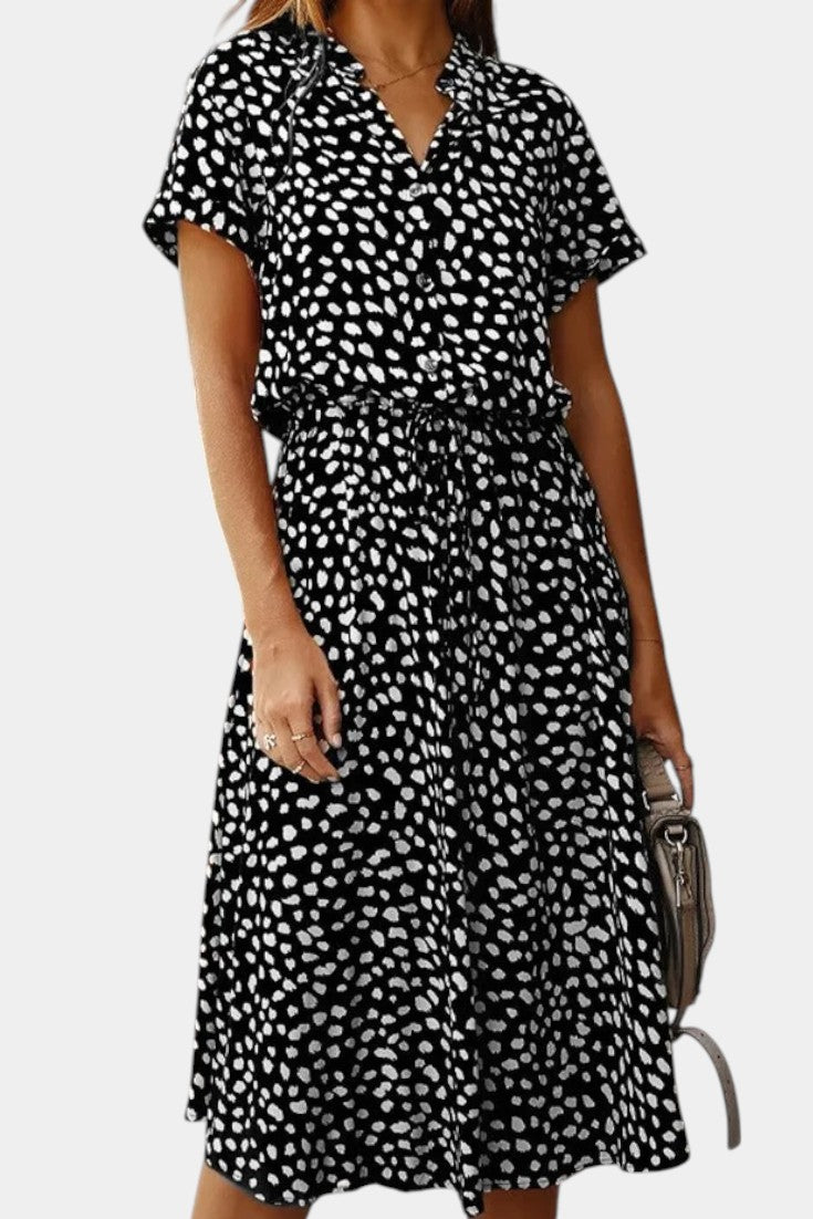 Rovena | Vestido Midi de Lunares con Cuello Camisero y Cintura Ajustable