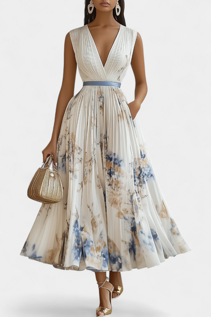 Elise | Vestido Midi Sin Mangas con Estampado Floral y Plisado