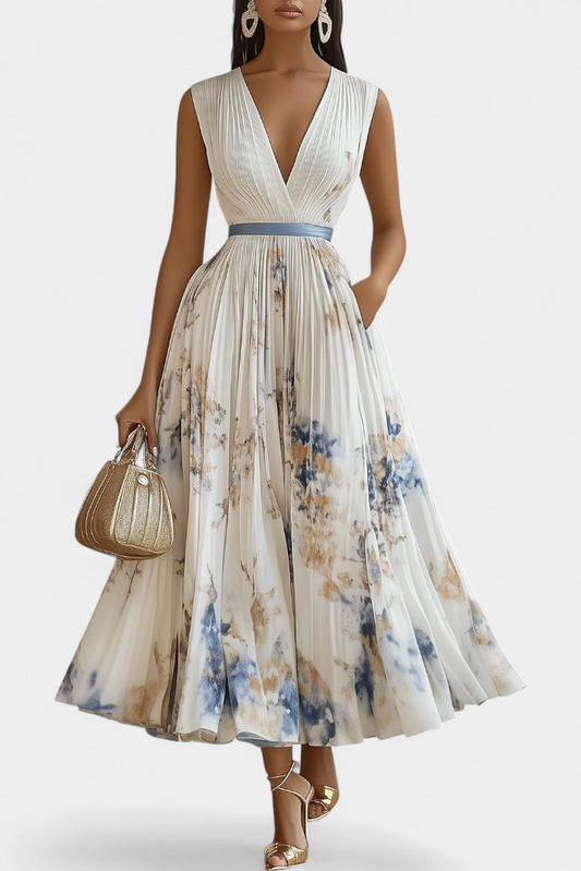 Elise | Vestido Midi Sin Mangas con Estampado Floral y Plisado