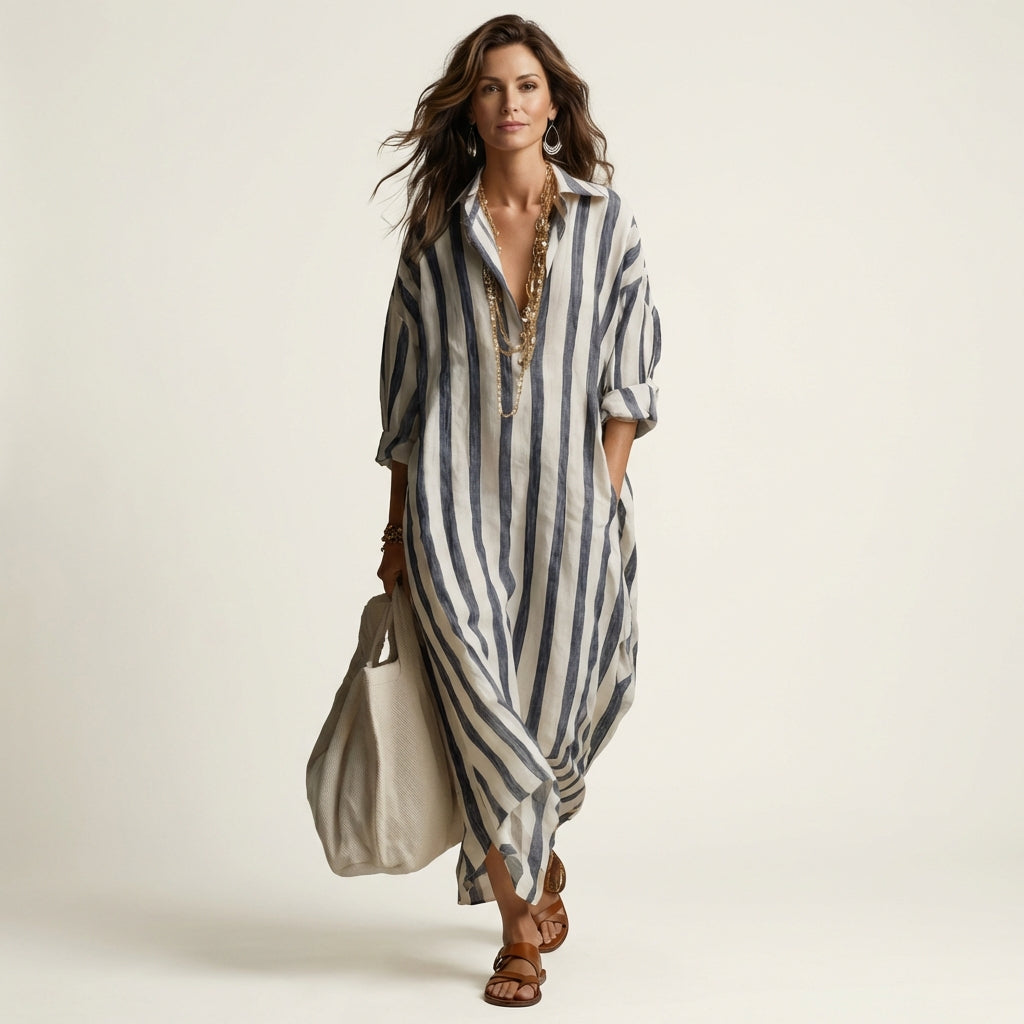 Candela | Vestido Largo de Rayas con Cuello Solapa