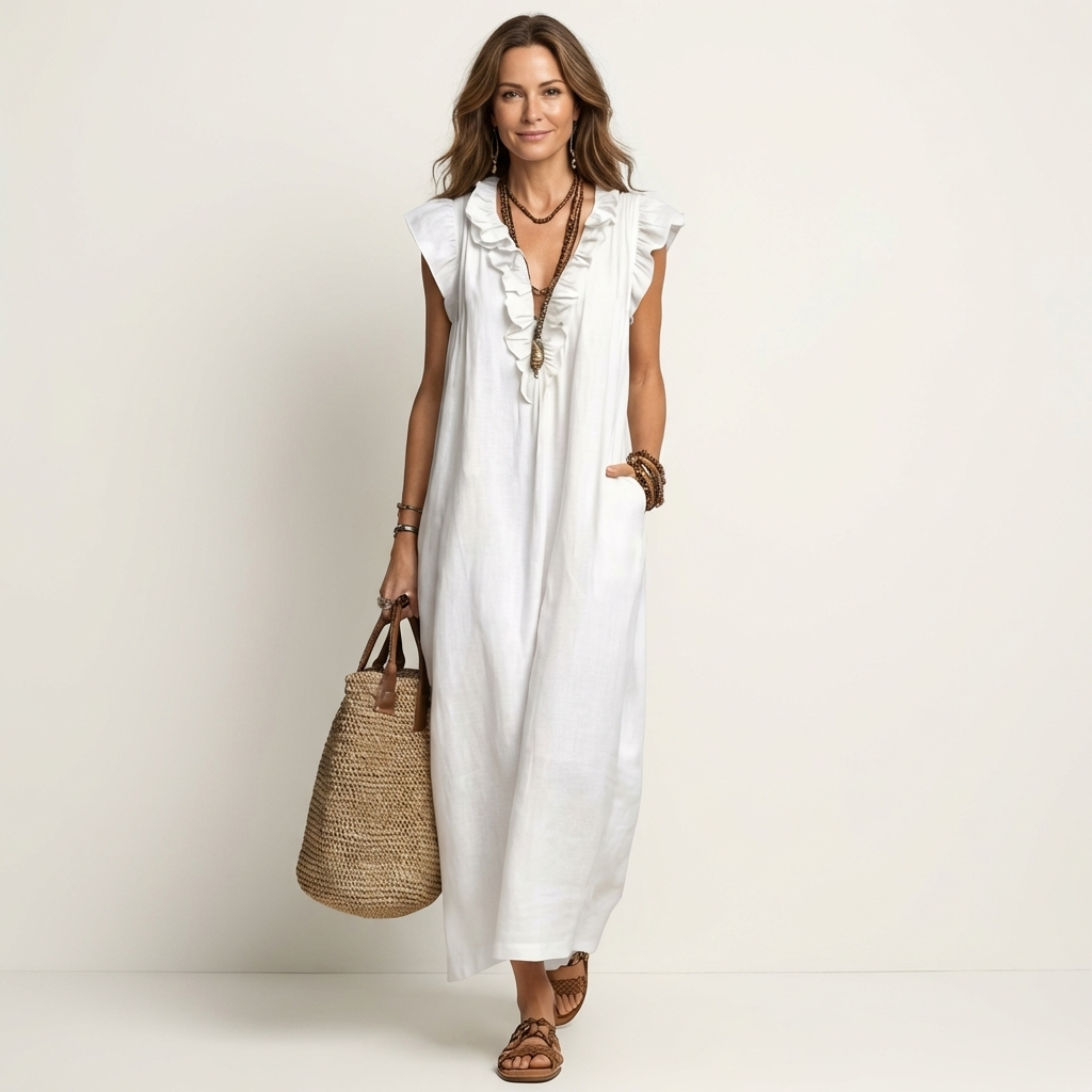 Josefina | Vestido de Lino con Volante en el Escote