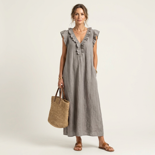 Josefina | Vestido de Lino con Volante en el Escote