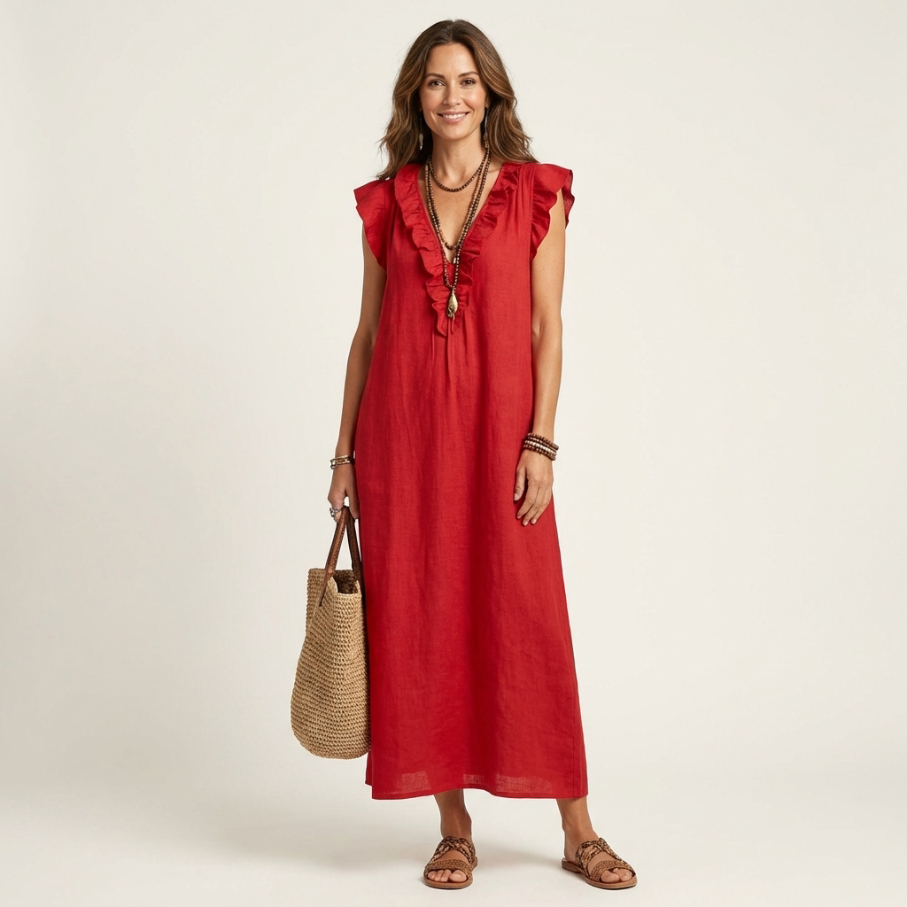 Josefina | Vestido de Lino con Volante en el Escote