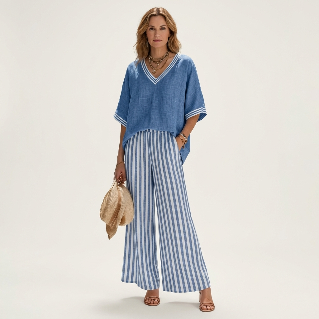Calixta | Conjunto de Top con Ribete y Pantalón de Rayas