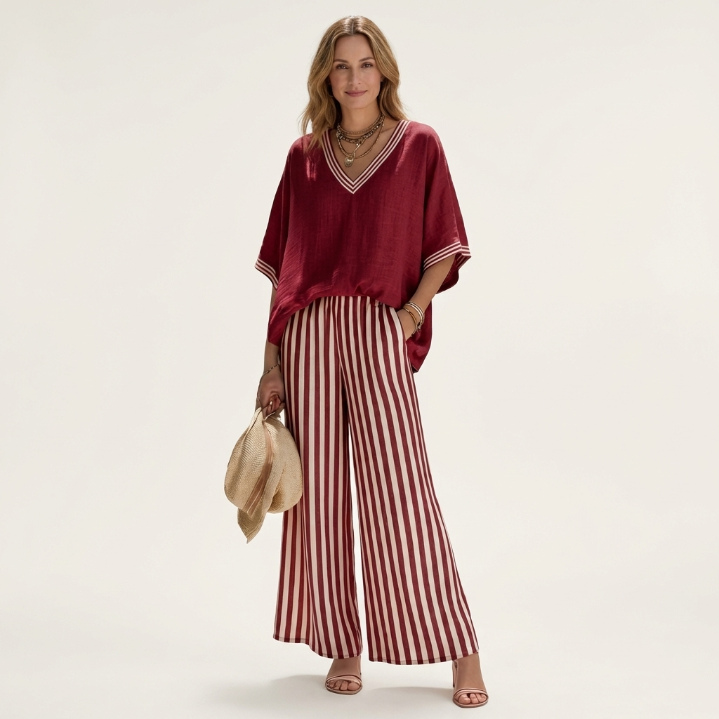 Calixta | Conjunto de Top con Ribete y Pantalón de Rayas