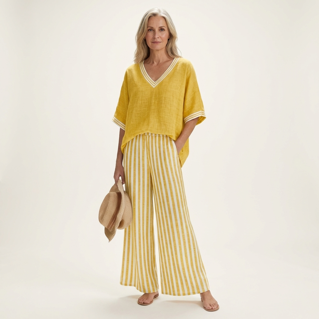 Calixta | Conjunto de Top con Ribete y Pantalón de Rayas