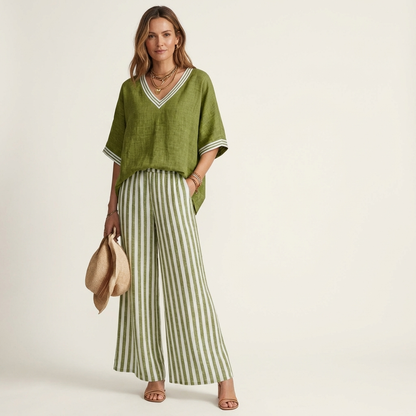 Calixta | Conjunto de Top con Ribete y Pantalón de Rayas