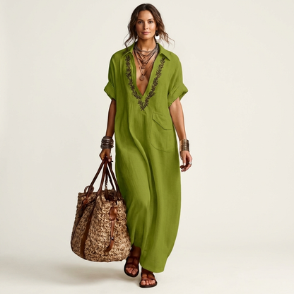 Nélida | Vestido Largo de Lino con Escote Bordado