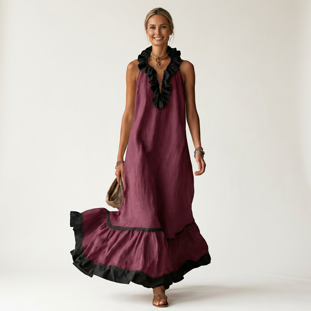 Roxana | Vestido Largo con Volante y Ribete en Contraste