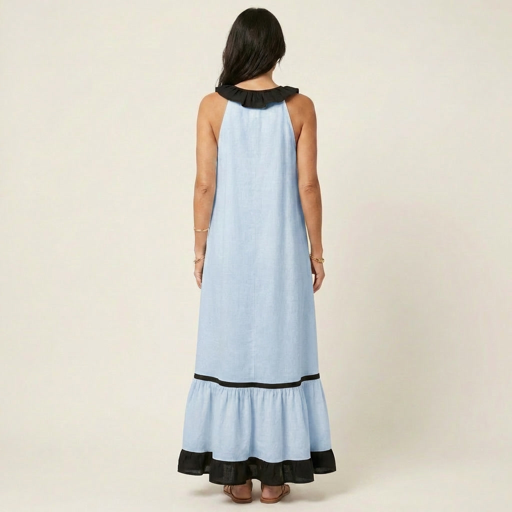 Roxana | Vestido Largo con Volante y Ribete en Contraste
