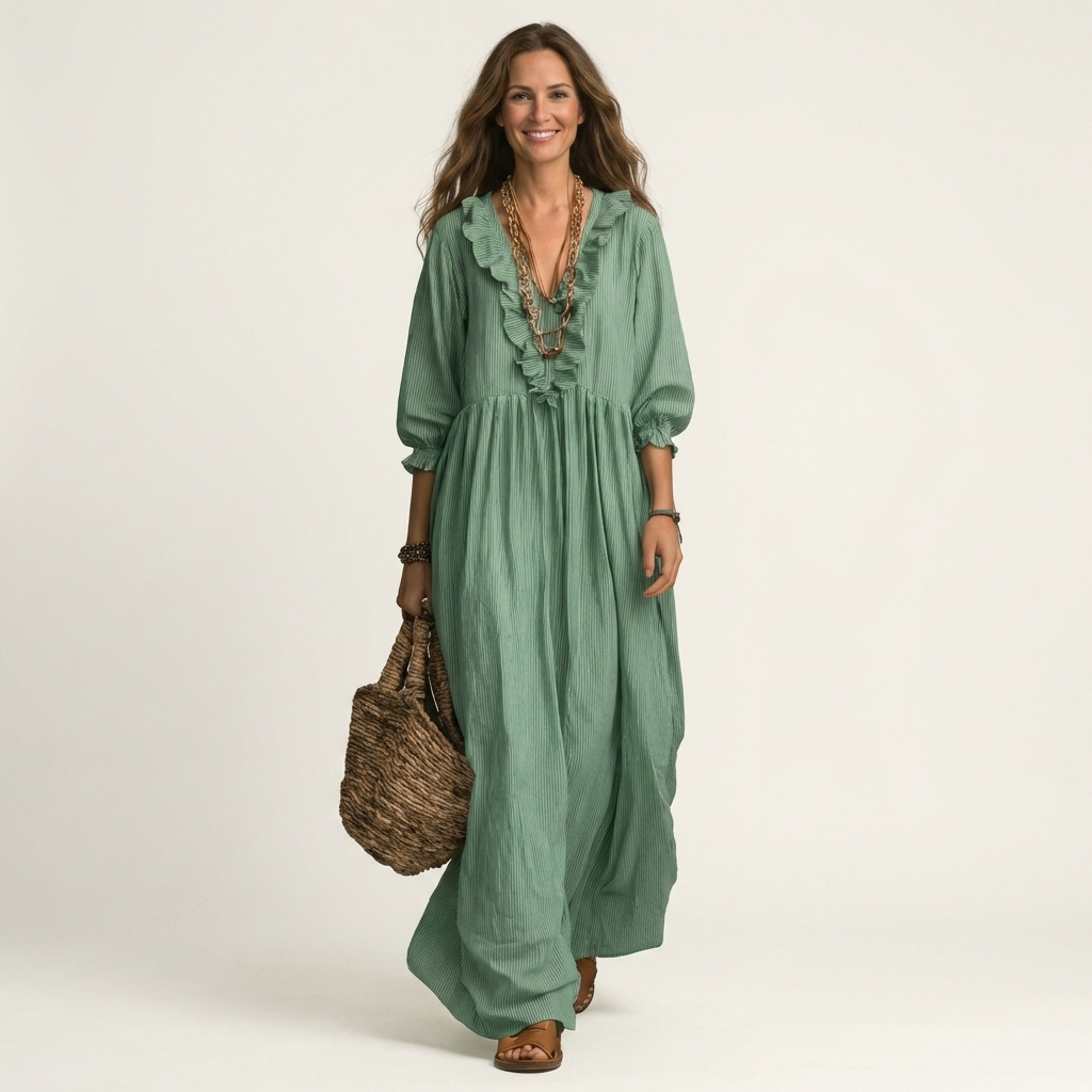 Salomé-Tatiana | Vestido Largo con Volante y Manga Farol