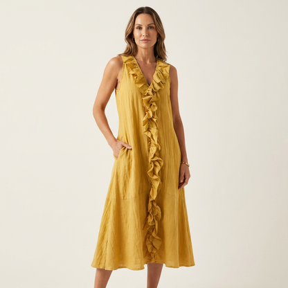 Anita-Sofia | Vestido Largo de Lino con Volante Frontal