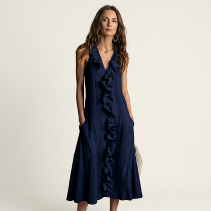 Anita-Sofia | Vestido Largo de Lino con Volante Frontal