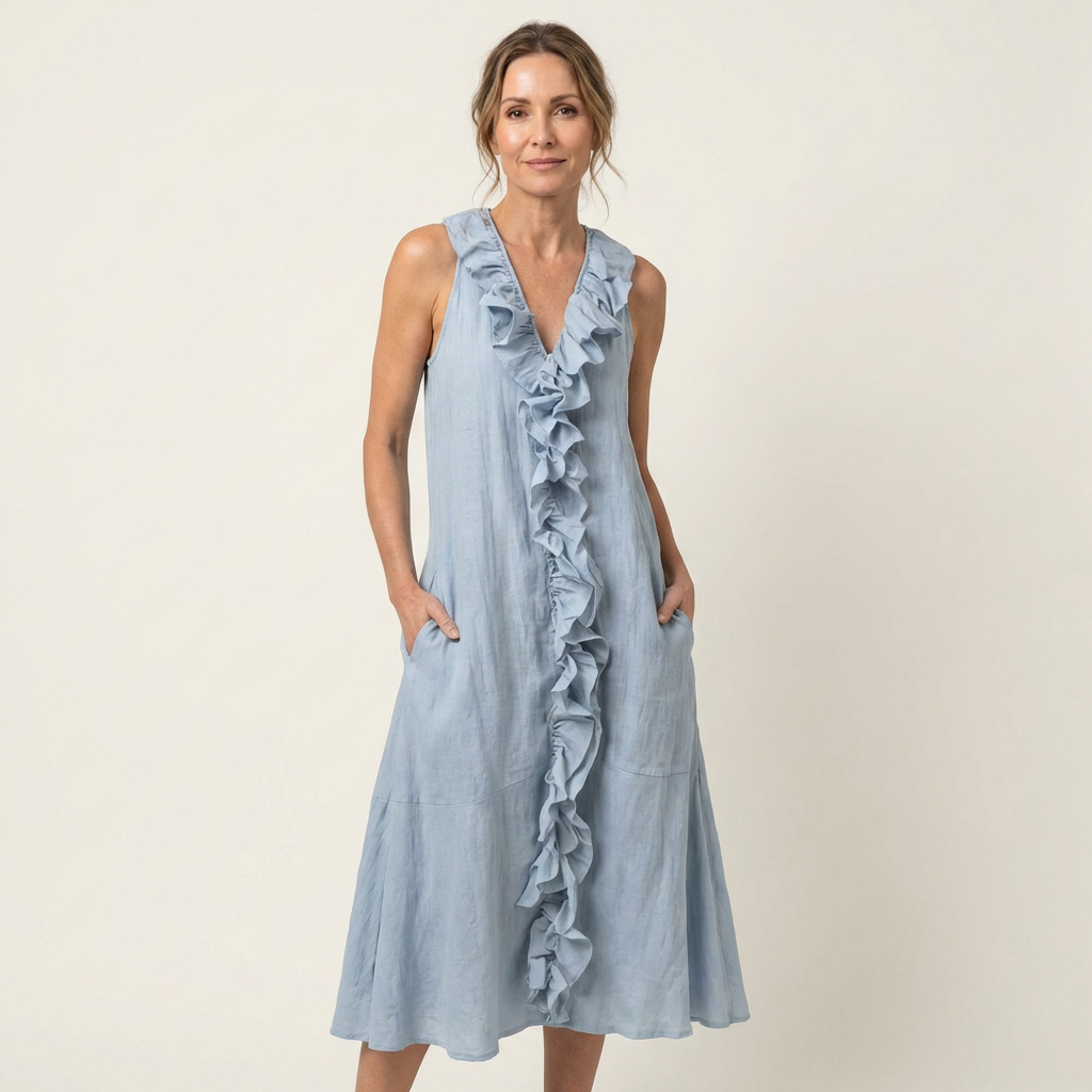 Anita-Sofia | Vestido Largo de Lino con Volante Frontal