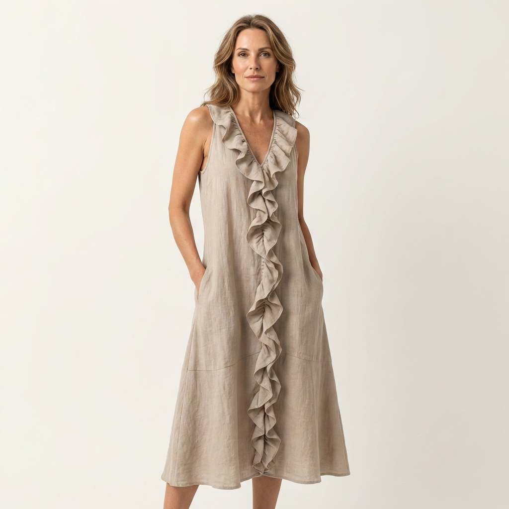 Anita-Sofia | Vestido Largo de Lino con Volante Frontal