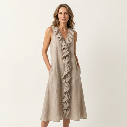 Anita-Sofia | Vestido Largo de Lino con Volante Frontal