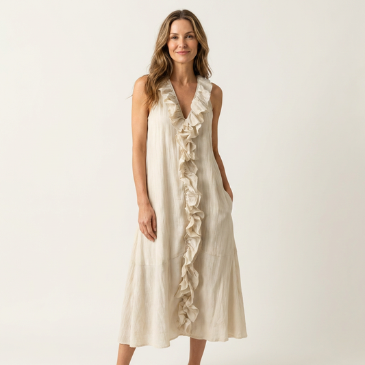Anita-Sofia | Vestido Largo de Lino con Volante Frontal