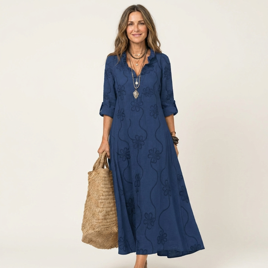 Mélanie-Raquel | Vestido Largo de Lino con Bordado Floral