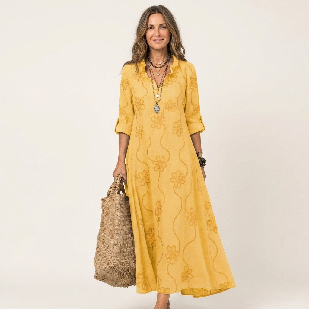 Mélanie-Raquel | Vestido Largo de Lino con Bordado Floral