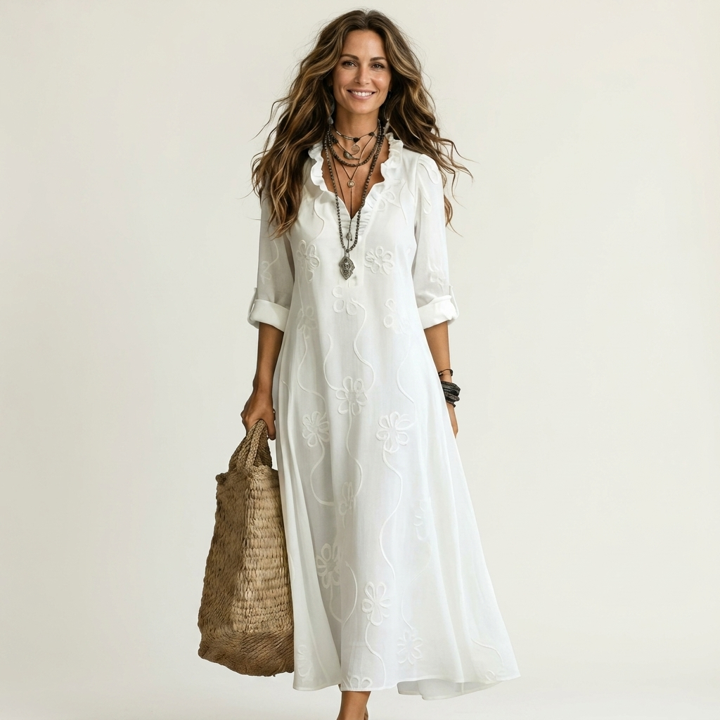 Mélanie-Raquel | Vestido Largo de Lino con Bordado Floral