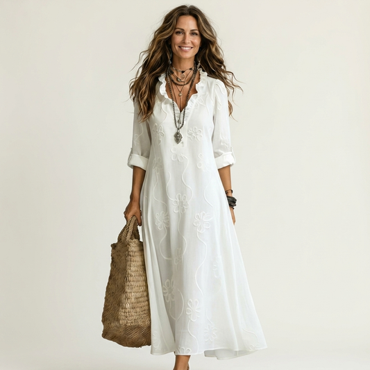 Mélanie-Raquel | Vestido Largo de Lino con Bordado Floral