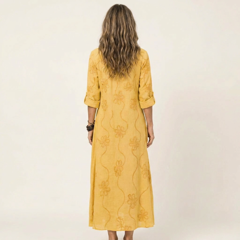 Mélanie-Raquel | Vestido Largo de Lino con Bordado Floral