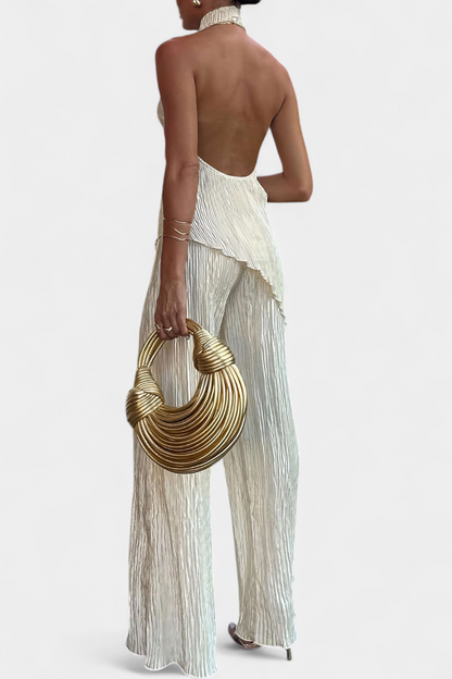 Pilarica | Conjunto Plisado con Top Asimétrico Halter y Pantalón Fluido