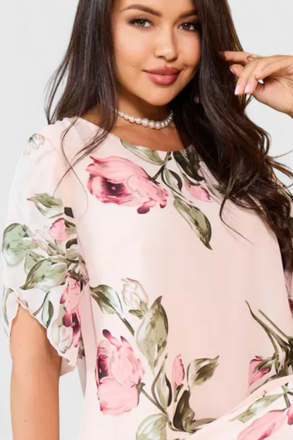 Tameka | Vestido de Gasa Fluida con Pétalos y Mangas Transparentes