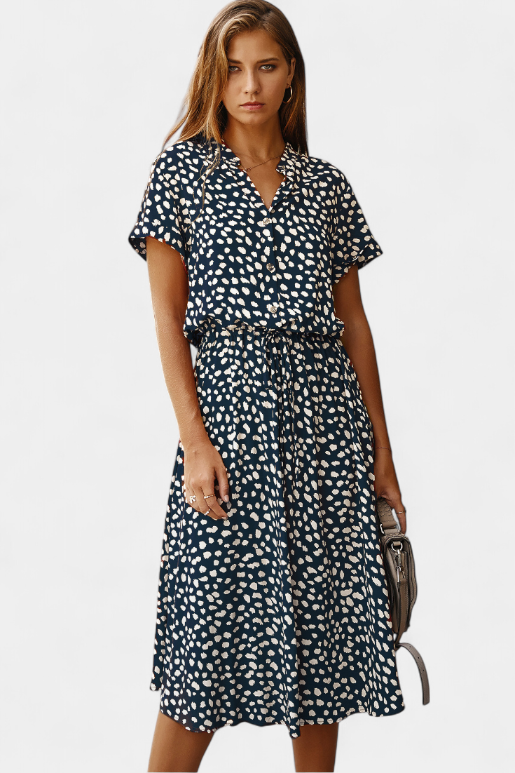 Rovena | Vestido Midi de Lunares con Cuello Camisero y Cintura Ajustable