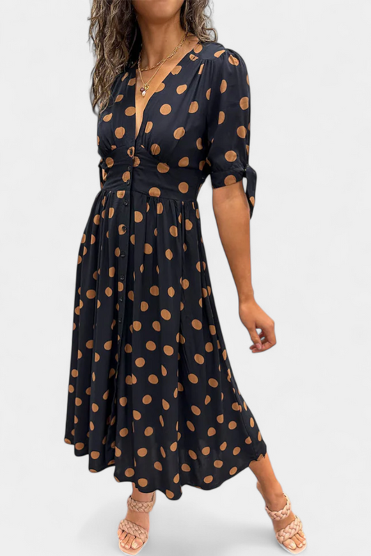 Lizzie | Vestido Midi de Lunares con Escote en V Profundo