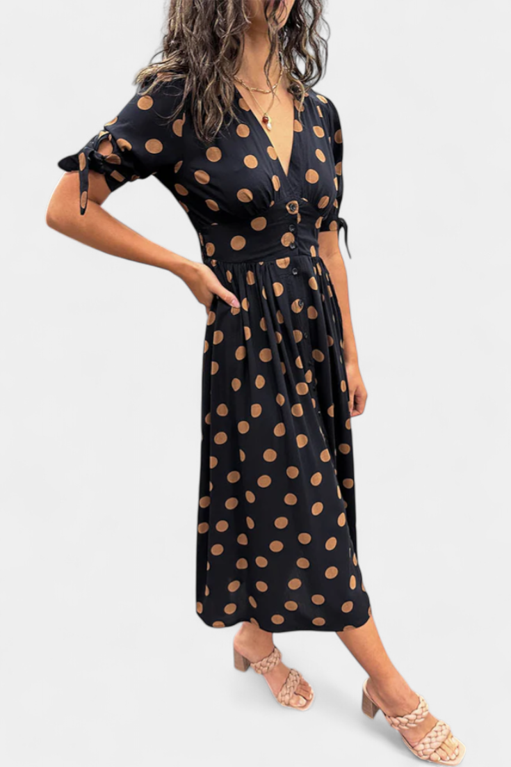 Lizzie | Vestido Midi de Lunares con Escote en V Profundo