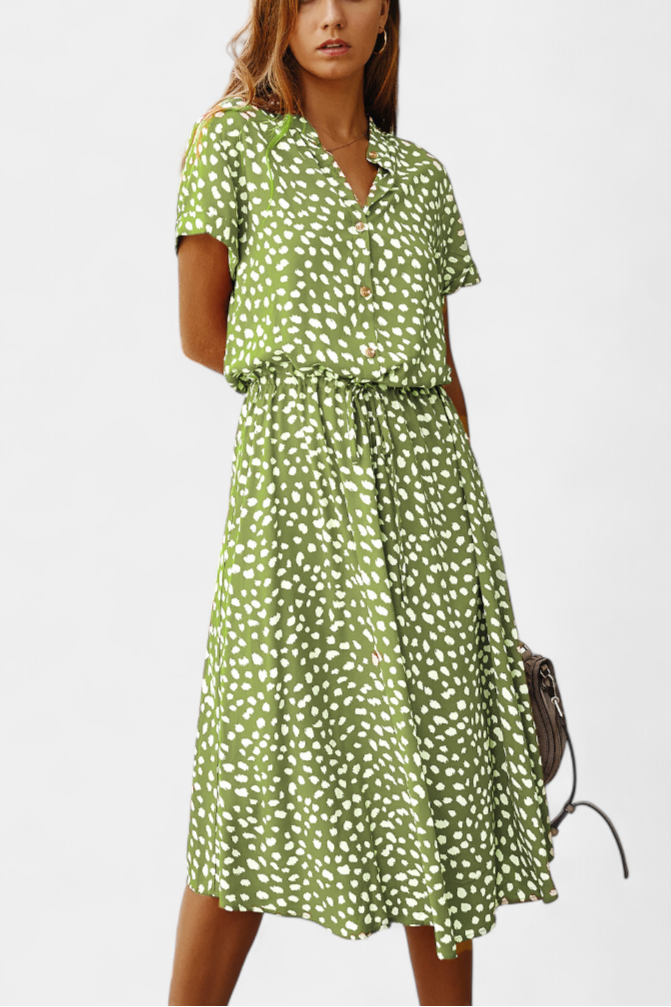 Rovena | Vestido Midi de Lunares con Cuello Camisero y Cintura Ajustable