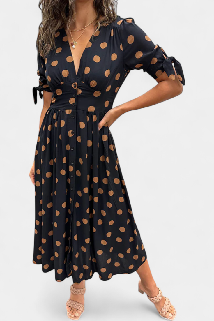 Lizzie | Vestido Midi de Lunares con Escote en V Profundo